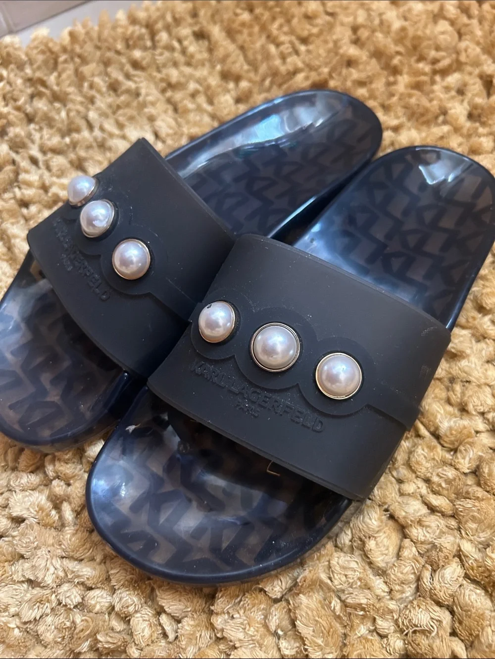 Karl Lagerfeld Kids Black Slide Sandals with Pearl Studs